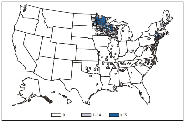 EHRLICHIOSIS - This figure is a map of the United States that presents the number of ehrlichiosis (anaplasma phagocytophilum) cases by county in 2010.